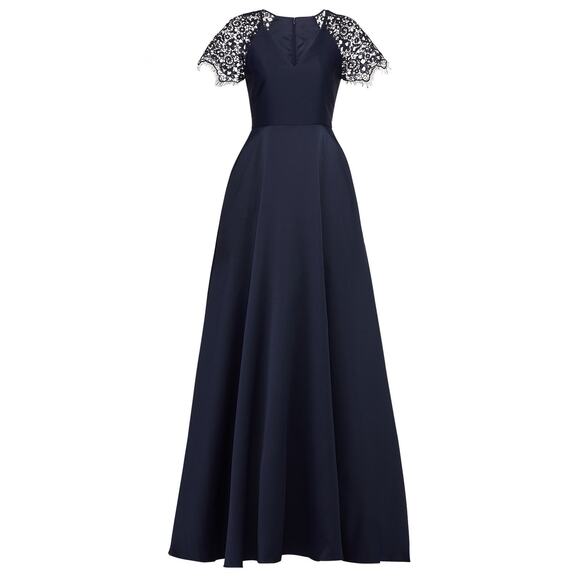 Monique Lhuillier Navy Blue Lace Satin Short Sleeve A-Line V-Neck Ball Gown 4 - Picture 4 of 13